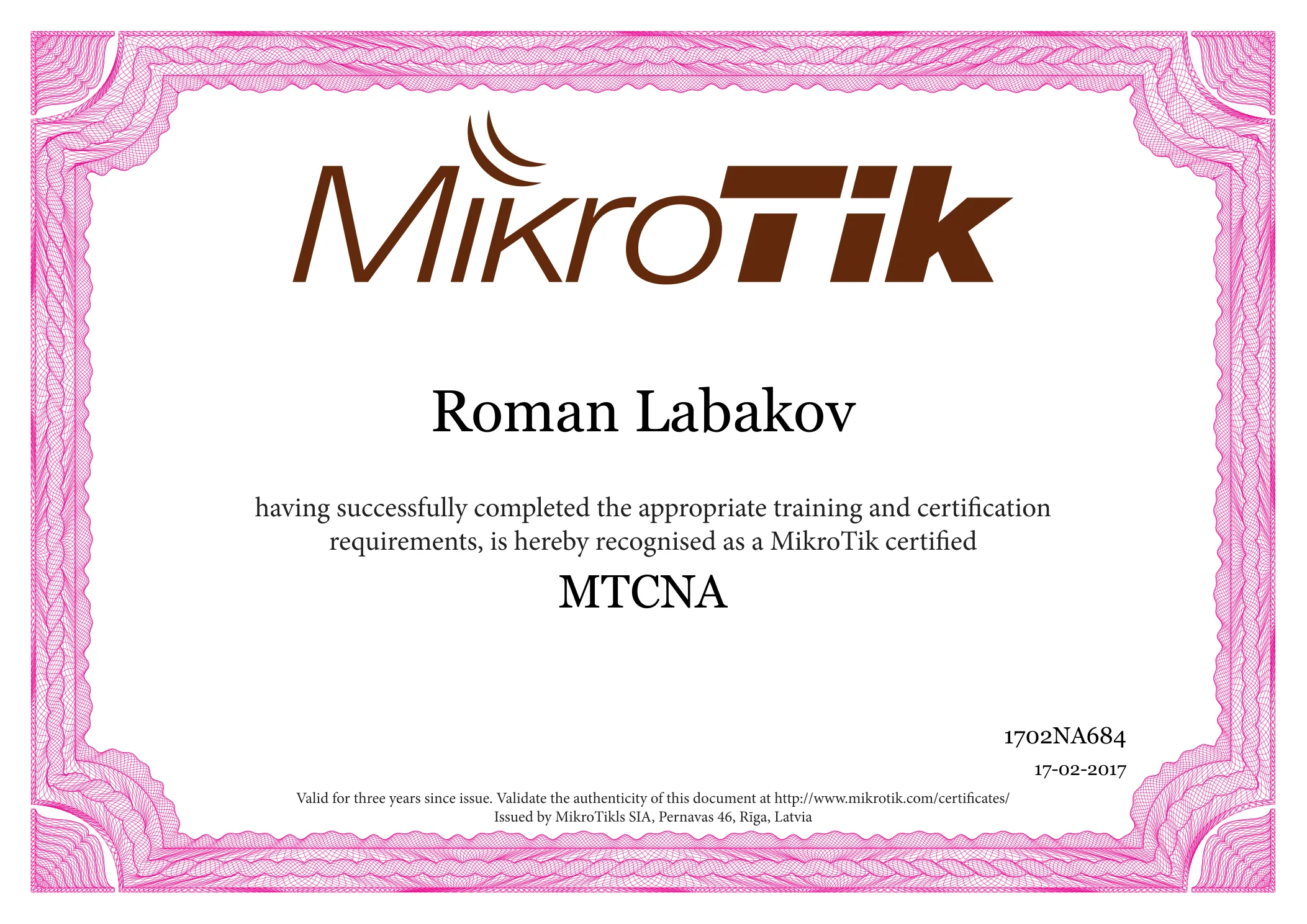 Сертификат MikroTik Certified Network Associate (MTCNA) — Роман Лабаков